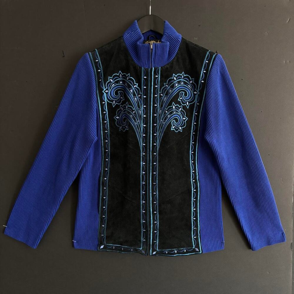 VTG Bob Mackie Wearable Art Leather Blue Embroidered Knit Fall Jacket - Size S